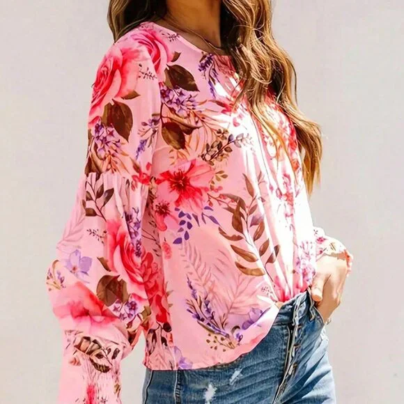 Pink Elegant Women's Floral Print Pleated Bubble Sleeve Vacation Pullover Shirt - Picture 3 of 3